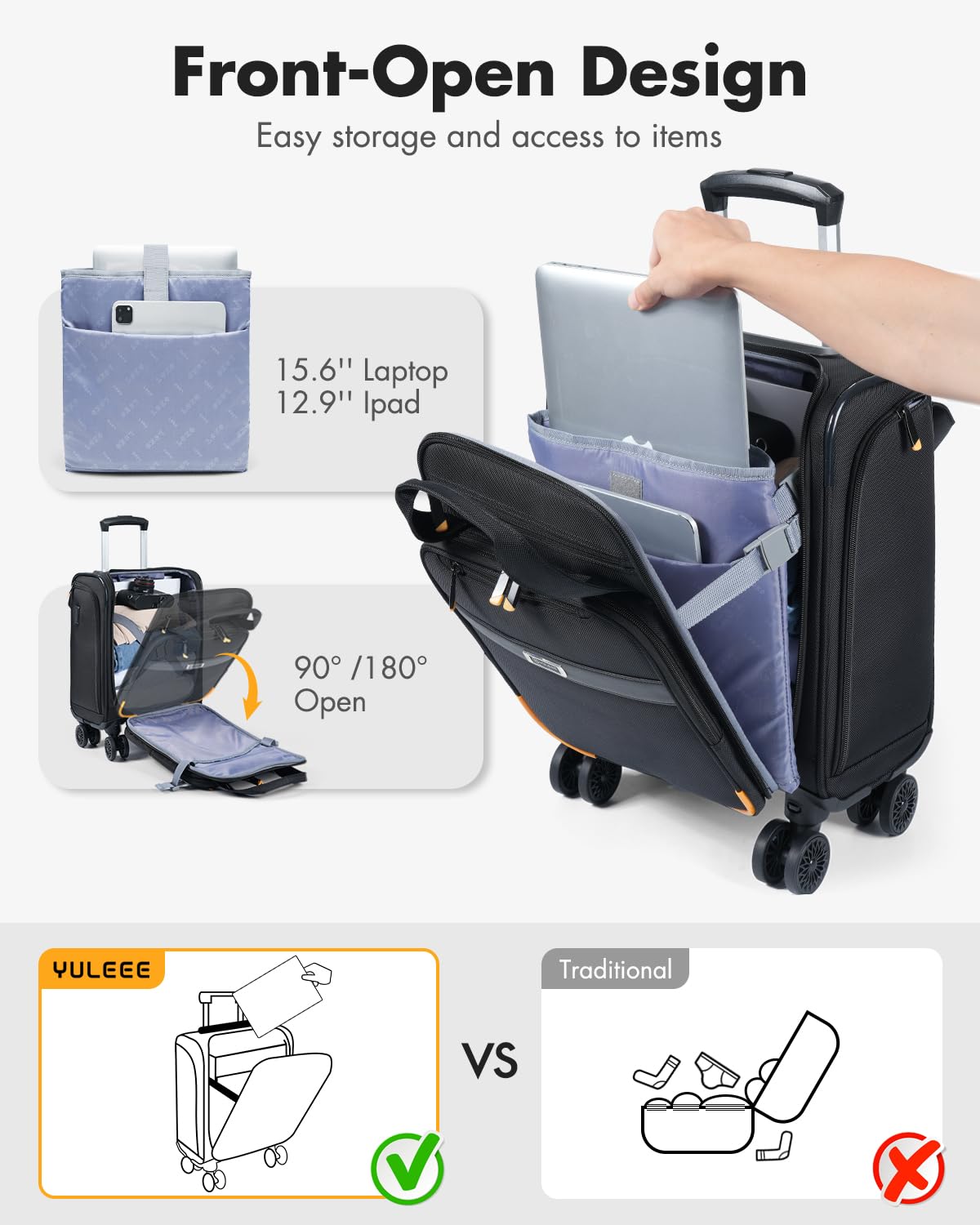 YULEEE Underseat Carry On Luggage with Spinner Wheels,16-Inch Softside Suitcase with USB Charging Port, Lightweight Travel Bag Airline Approved for Men Women, Black