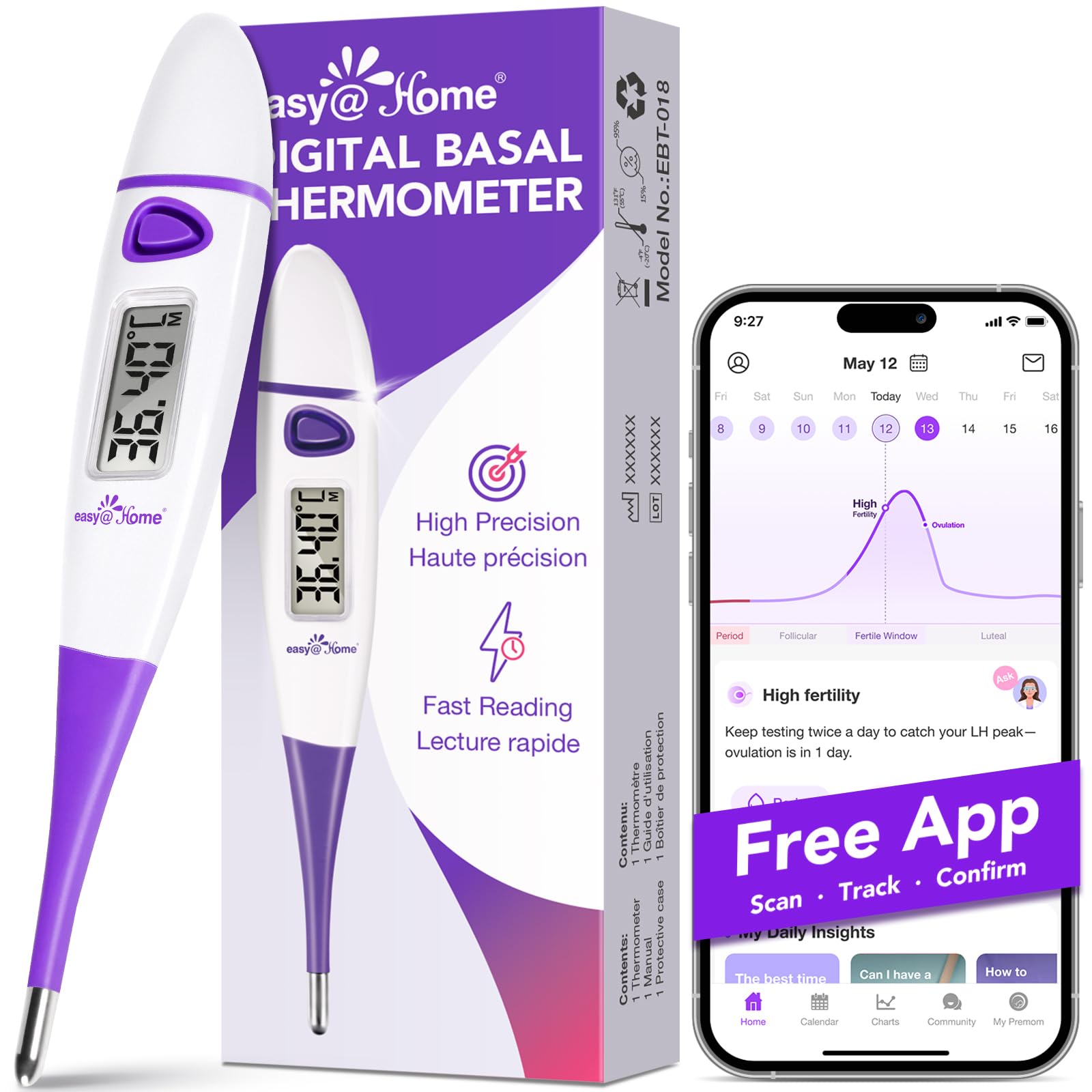 Ovulation Tracker Digital Basal Thermometer: Easy@Home BBT Thermometer for Fertility Prediction - Basal Body Thermometer for Accurate Temperature Monitoring with Premom App Purple DMT-3018