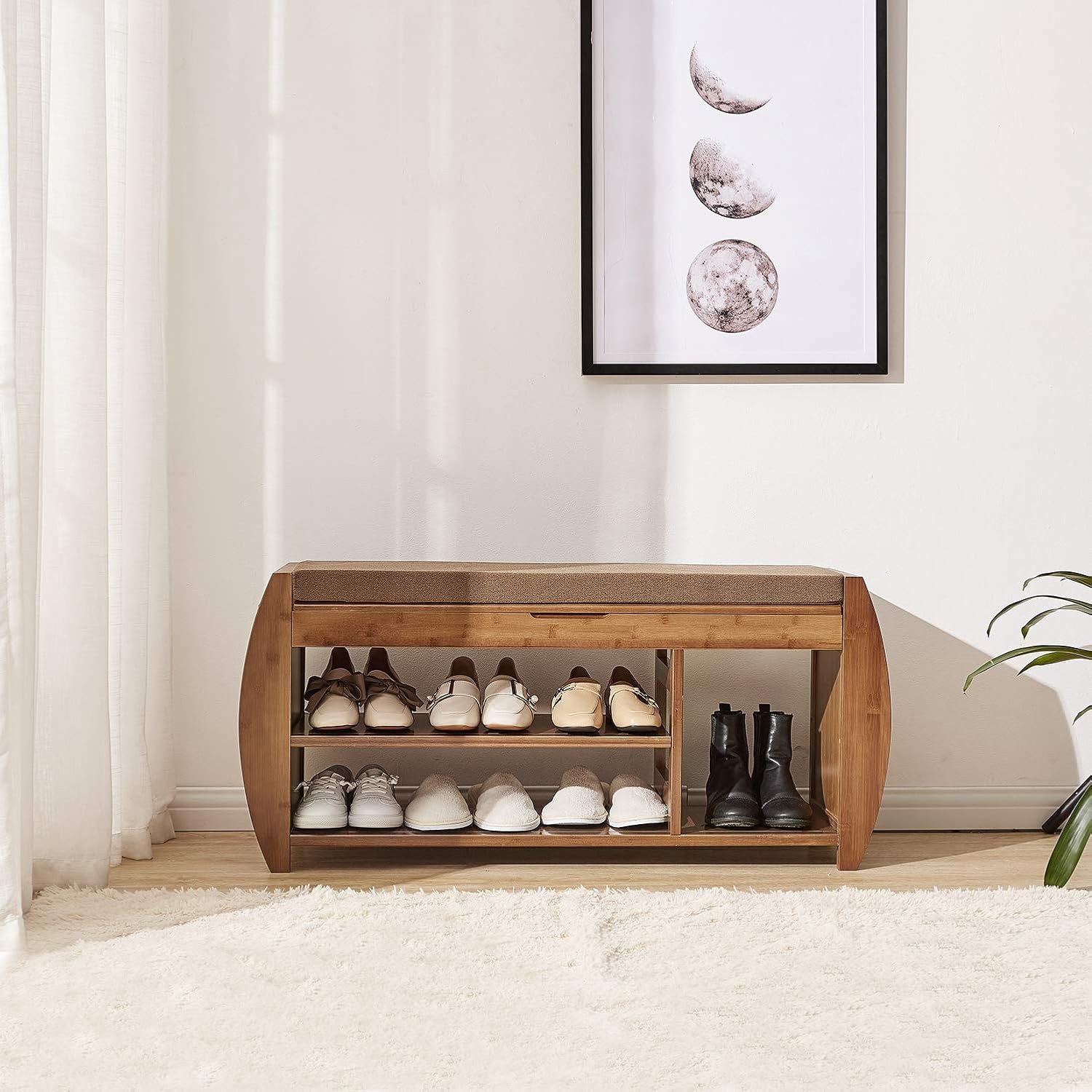 Bamboo Shoe Rack & Shoe Bench, Entryway Storage Organizer, Multi Function for Hallway Bathroom Living Room Corridor and Garden, Detachable Cushion with Hidden Storage Compartment: Kitchen & Dining