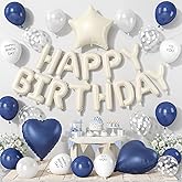 Navy Blue White Birthday Decorations, Happy Birthday Banner with Heart Star Foil Balloons, Sand White Clear Printed Balloons for Men Women Birthday Party Decor