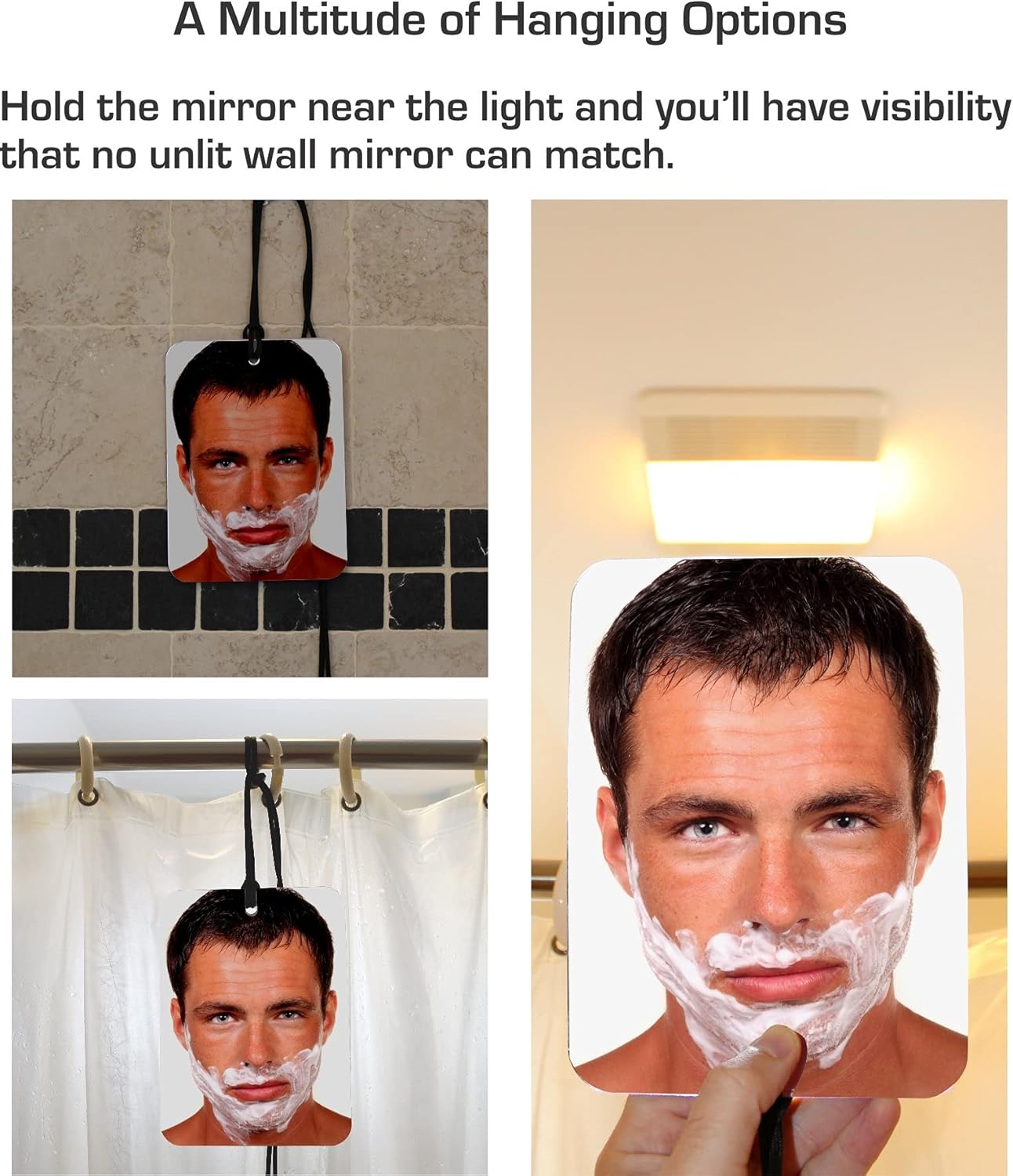Mirror On A Rope Premium Shower Mirror. Our Largest Mirror. Shatterproof, Waterproof. Easily Eliminate Fog and Shadows. Includes Two Stainless Steel, Removable Adhesive, Hooks. : Beauty