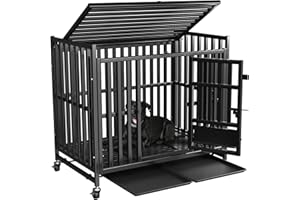 LONGVOYAGE 43Inch Heavy Duty Indestructible Dog Crate, Upgraded Thickened Reinforced Material, 3-Door Design, Easy to Assemble Large Dog Crate for Medium and Large Dogs, With 4 Lockable Wheels and Removable Tray