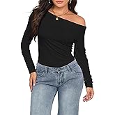 Women Off Shoulder Long Sleeve Boat Neck T Shirt Slim Fit Fall Winter Ruched Stretch Layer Blouse Tops