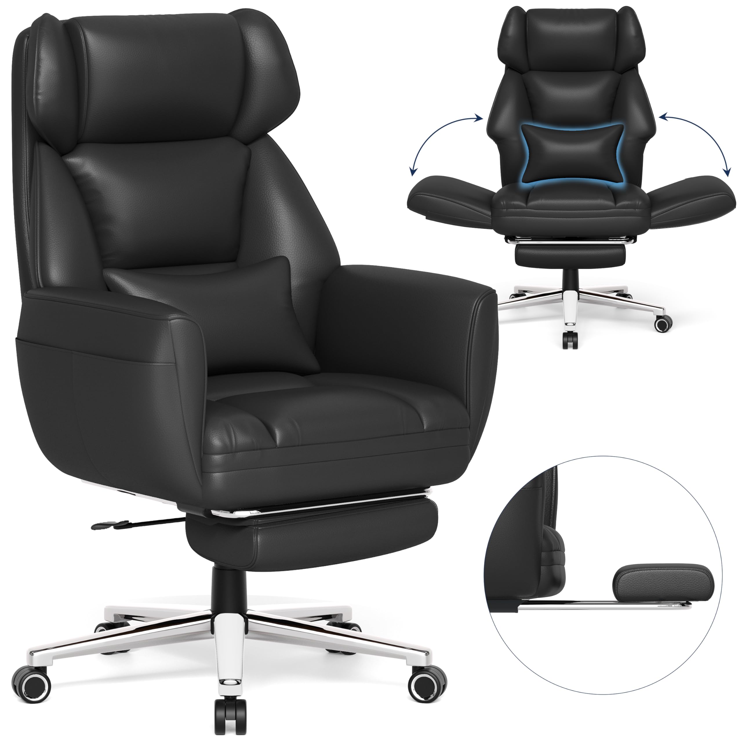 Photo 1 of GABRYLLY Ergonomic Chair with Footrest – Wide Cross Legged Chair with Reversible Armrests, 120°Tilt, Lumbar Support,Heavy-Duty Base, Big and Tall Executive Chair Plus, Black, GY82766