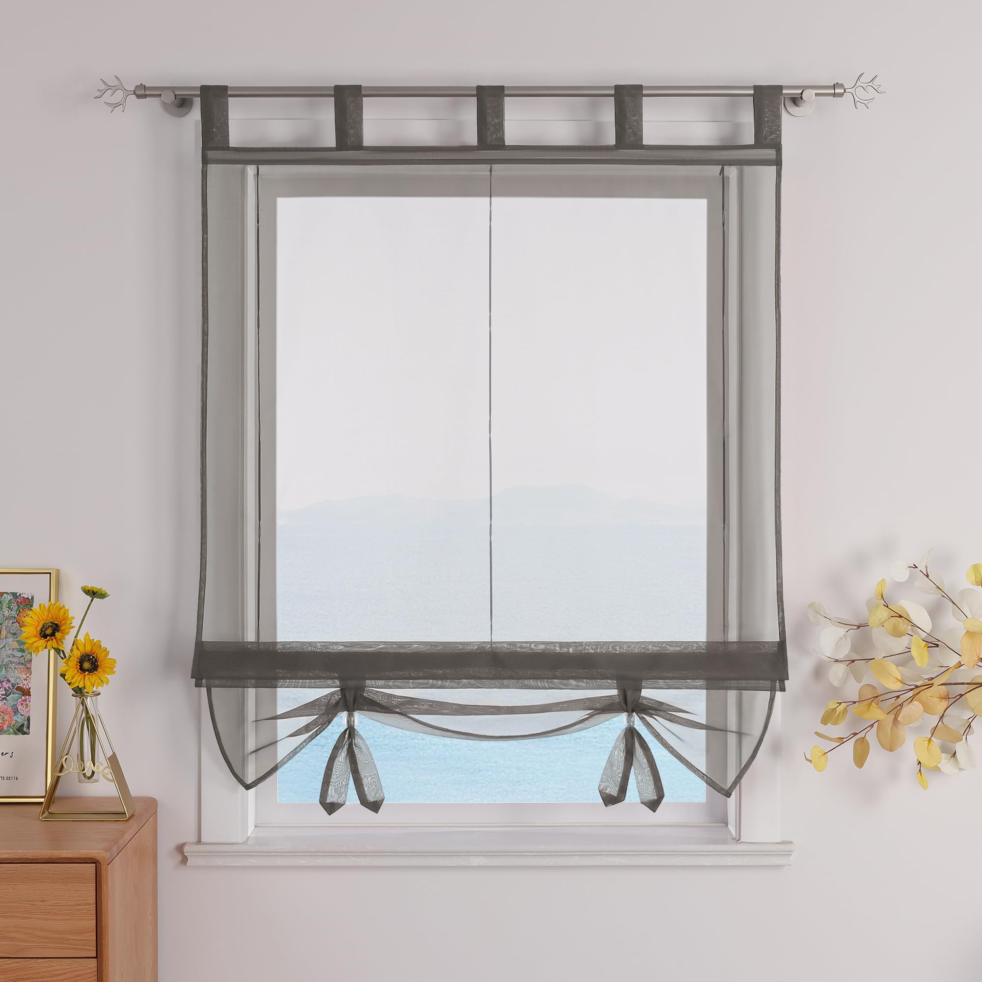 ESLIR Roman Blind with Tabs, Kitchen Curtains, Transparent Tab-Top Blind Curtains, Modern Voile Grey, W x H, 140 x 155 cm, Pack of 1