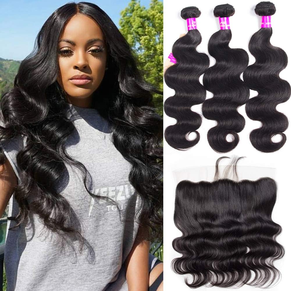Star Show 9A Brazilian Hair Bundles with Frontal Body Wave 3 Bundles with Lace Closure Ear to Ear 100% Unprocessed Human Hair Extensions Natural Color(10 12 14 with 10 Frontal)