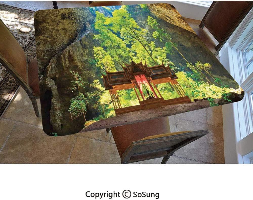 Natural Cave Decorations Polyester Fitted Tablecloth,Latent Pavilion in Between The Cliffs Discovery of Faith in The Nature Art Picture Square Elastic Edge Fitted Table Cover,Fits Square Tables 48x48