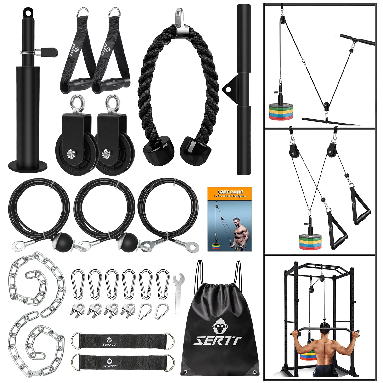 SERTT Weight Cable Pulley System Gym, Upgraded Cable Pulley Attachments for Gym LAT Pull Down, Biceps Curl, Tricep, Arm Workouts - Weight Pulley System Home Gym Add On Equipment (Black)