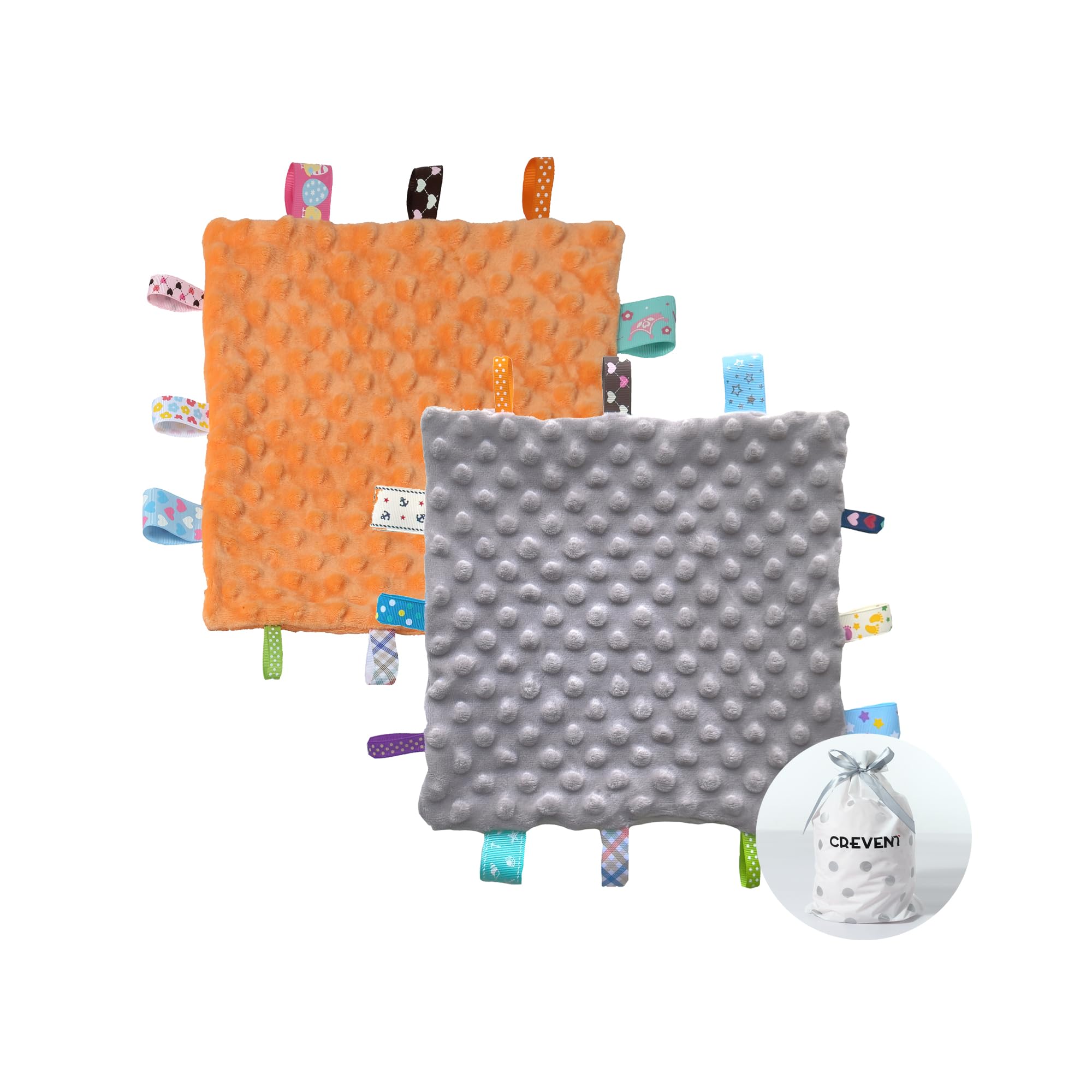 CREVENT Tag Security Blankets for Babies, Soft Small Loveys for Girls, Baby Comforter Sensory Blanket, Great Gifts for Birthday Baby Shower 24X24cm (Grey + Orange) — image 1