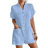 Bsubseach Womens Rompers For Summer 2026 Shorts Jumpsuit Short Sleeve Button Down Romper With Pockets Beach Vacation Outfits