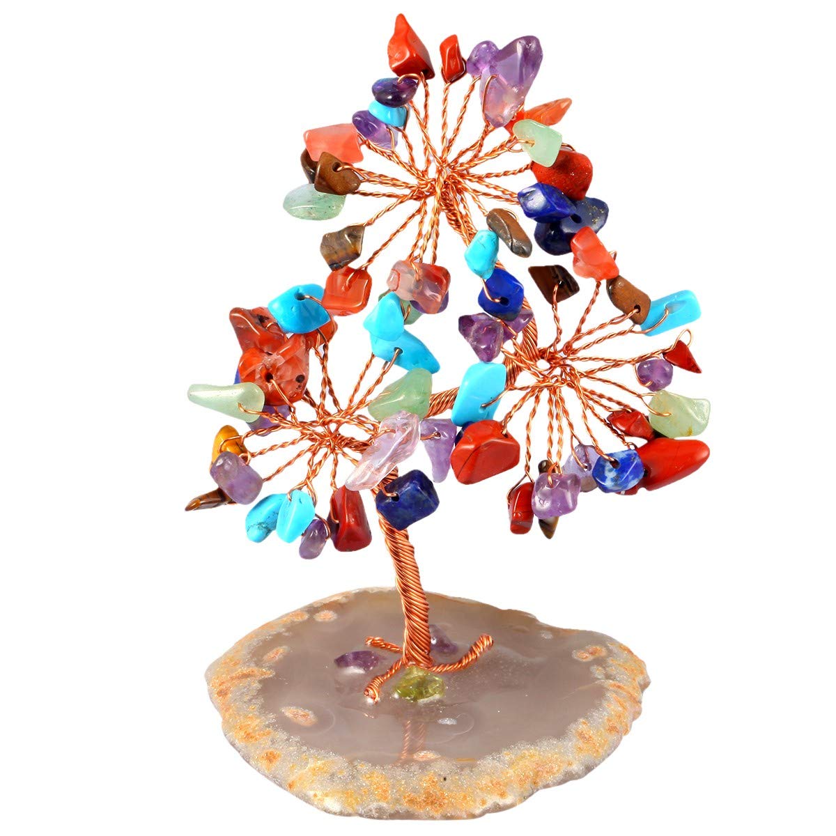 KYEYGWO Handmade Colorized Crystal Money Tree for Good Luck Wealth Health, Figurine Bonsai on Natural Agate Slab 3.1"-3.9" High