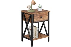 VECELO Nightstand, Modern Bedside End Table, Night Stand with Drawer and Storage Shelf for Living Room Bedroom, Industrial Metal Frame, Set of 1, Brown