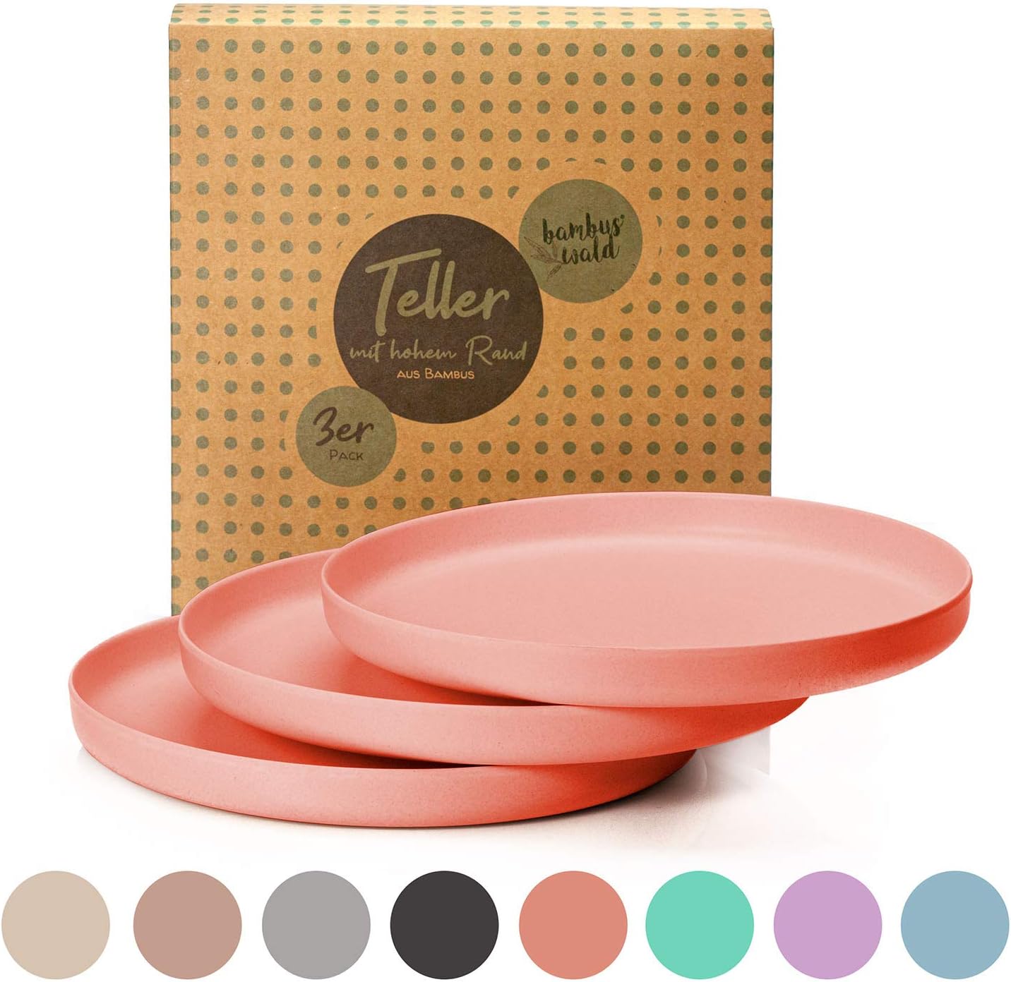 bambuswald© Sustainable Bamboo Plates with A Raised Rim - 6 Pack Round Ø 22cm - Dishwasher Safe & Lightweight Dinner Plates | Reusable Tableware Ideal for Picnic, Camping Or at Home