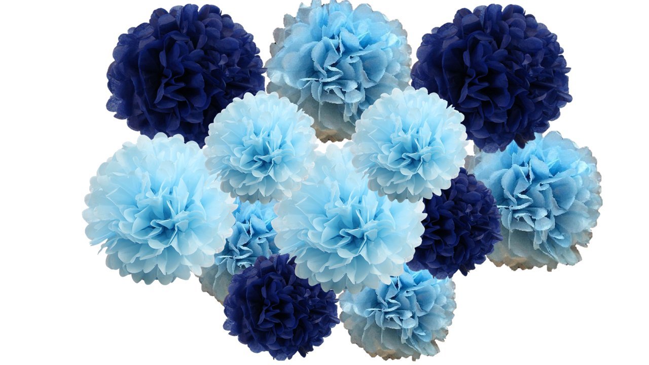 pack of 12 Pack Mixed Tissue Paper Pompom Pom Pom Hanging Garland Wedding Party Decorations (Blue Shade, mix 8" & 10" (20 cm & 25 cm))