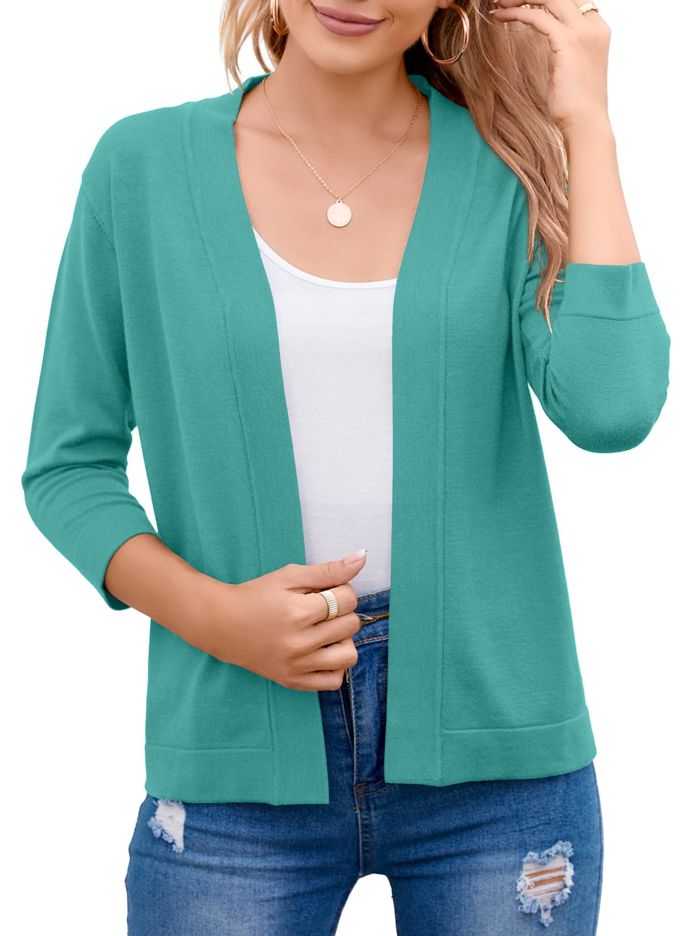 Bettysays Women's Casual Lightweight Summer Cardigan Cropped Jacket 3/4 Sleeve Knit Sweater (Medium,Lake Green) Image