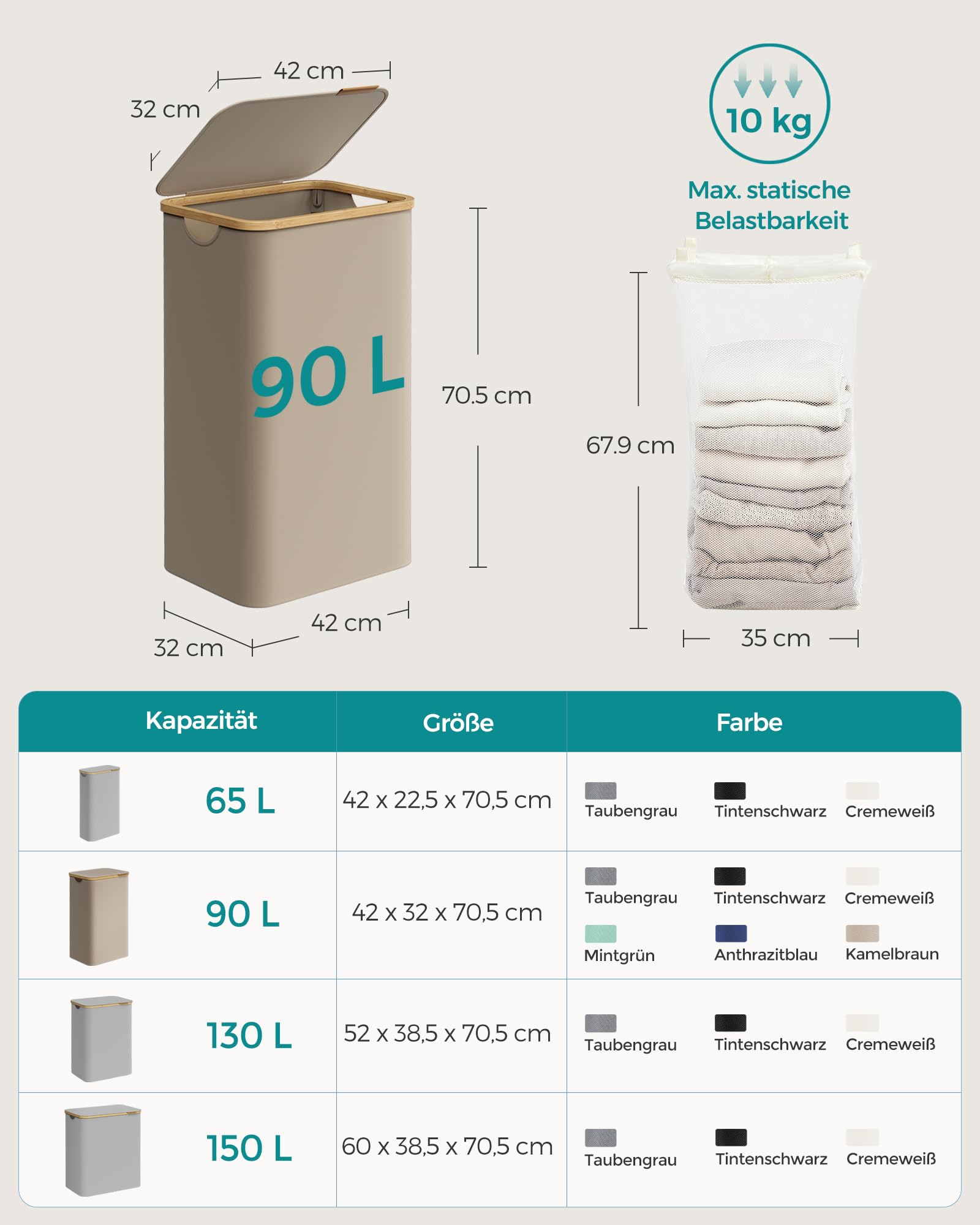 SONGMICS Wäschekorb mit Deckel, Wäschesammler 90 L, herausnehmbarer Wäschesack, Oxford-Gewebe, Griffe aus Bambus, zusammenklappbar, 42 x 32 x 70,5 cm, kamelbraun LCB509N01V1 5