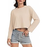 Eyanse Long Sleeve Crop Tops for Women Loose Oversized Shirts Cropped Tee