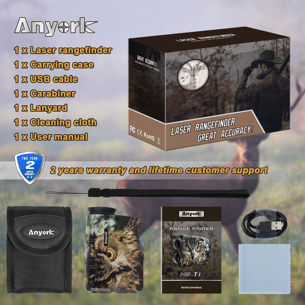 Anyork Rechargeable 1000 Yards Hunting Range Finder, Water Resistant Wild Coma Rangefinder for Shooting, 6X Magnification Laser Rangefinder with Scan, Gift Package : Sports & Outdoors