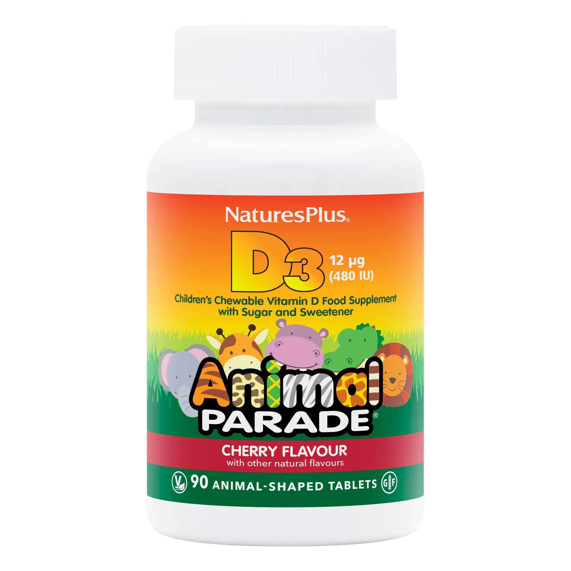 NaturesPlus Animal Parade Children Vitamin D3 Chewable, Black Cherry Flavour - Vitamin D Supplement for Kids - Immune, Muscle, Teeth, Bones, and Growth - Vegetarian, Gluten Free - 90 Tablets