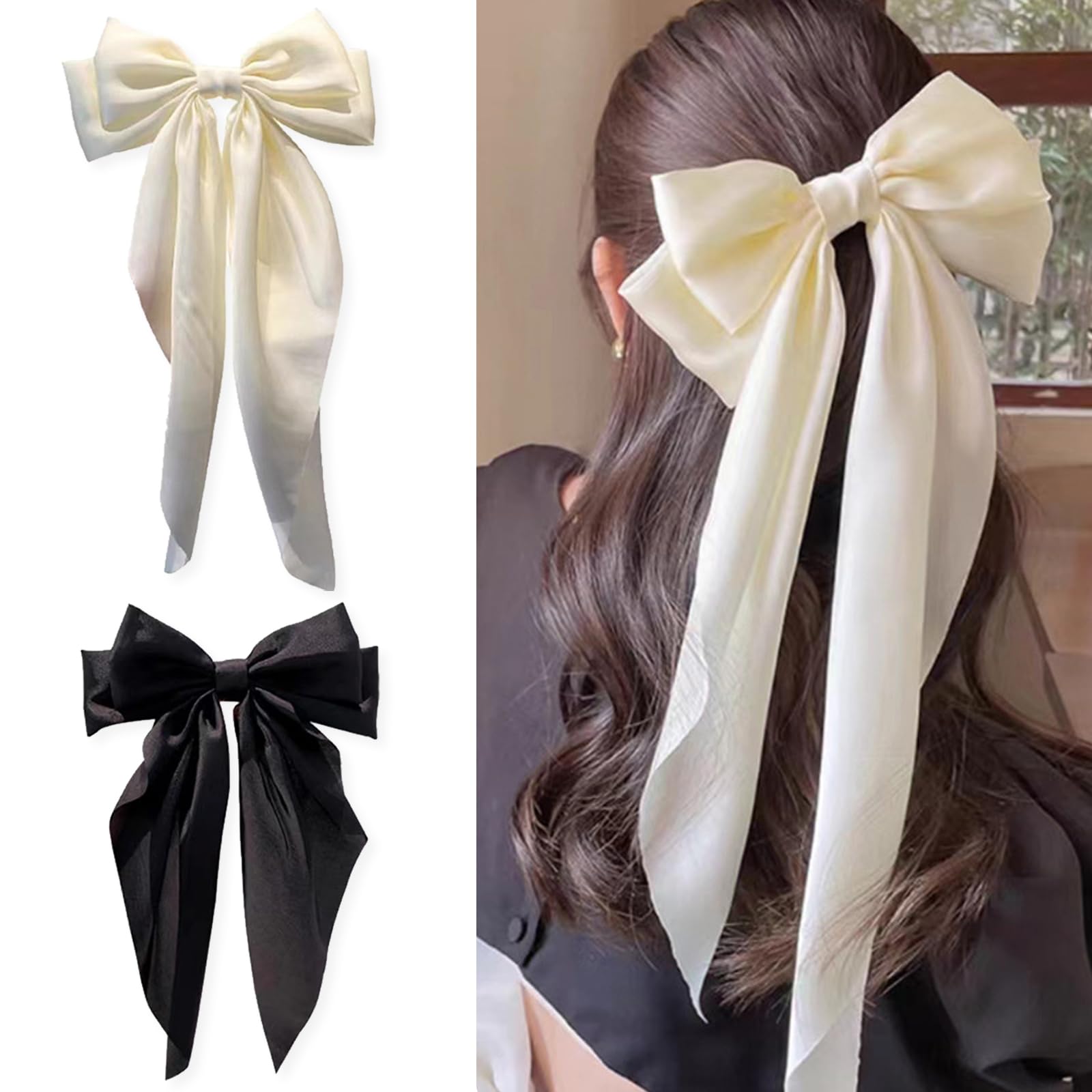 Bow Hair Clip, Hair Bows Big Bowknot for Women, Solid Satin French Bow Hair Clips with Long Ribbon, Silky & Soft Hair Barrette Clips Simple Girls Hair Accessories (Black+White)