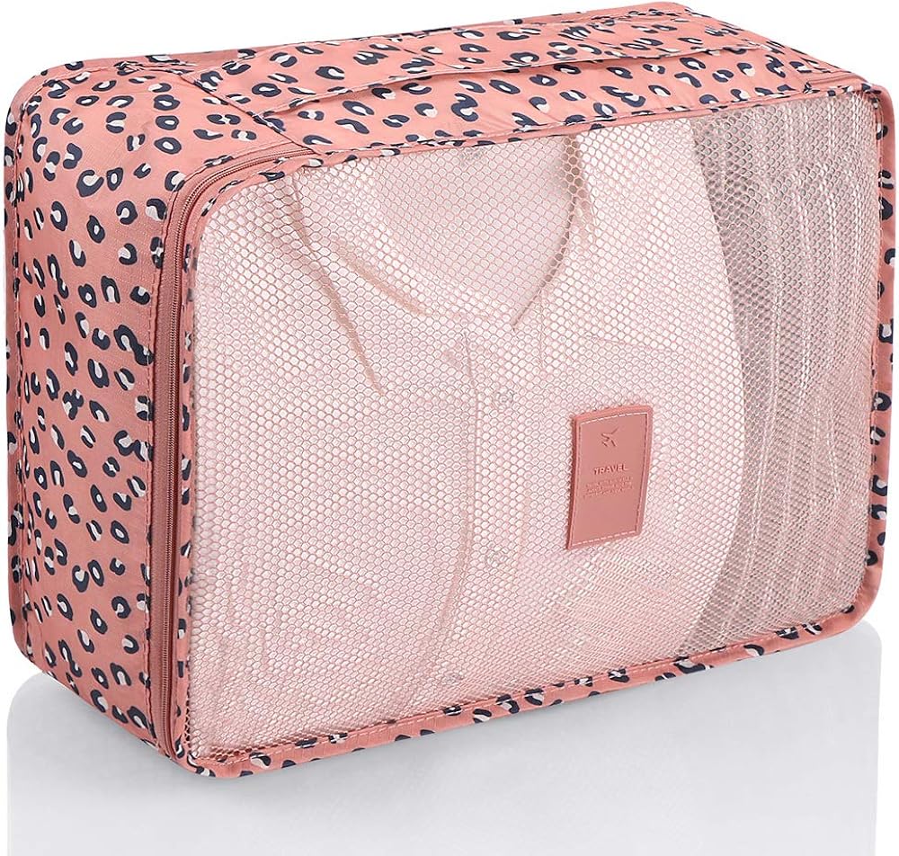  | Luggage Cubes, Mossio 7 Pack Lightweight Toiletry Organizer Space Saver Travel Accessories Pink Leopard | Packing Organizers