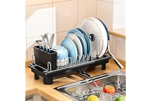 SanDream Small Dish Drying Rack, Compact Dish Rack for Kitchen Counter with Removable Cutlery Holder, 360°Rotating Spout, Mul