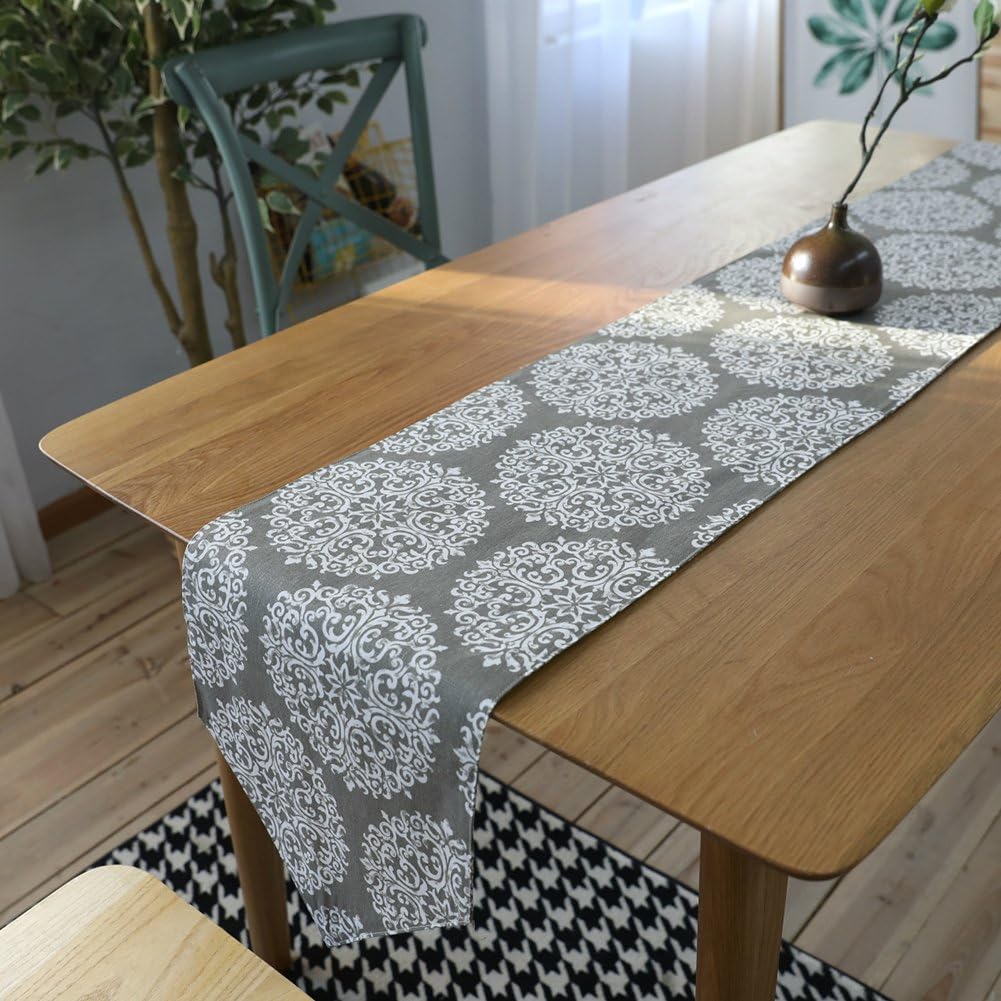 ColorBird Gray Medallion Table Runner Cotton Linen Runners for Kitchen Dining Living Room Table Linen Decor (12 x 70 Inch)