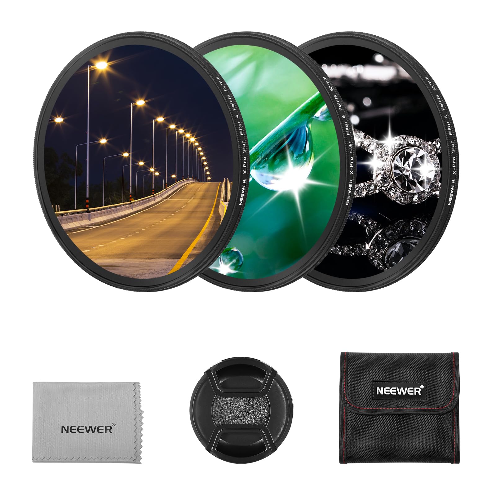 NEEWER 3PCS 62mm Star Filters, Adjustable Cross Screen Star Effect Filter (4, 6, 8 Points) with Ultra Slim Aluminum Alloy Frame, HD No Dark Corners with Double Sided Nano Coatings