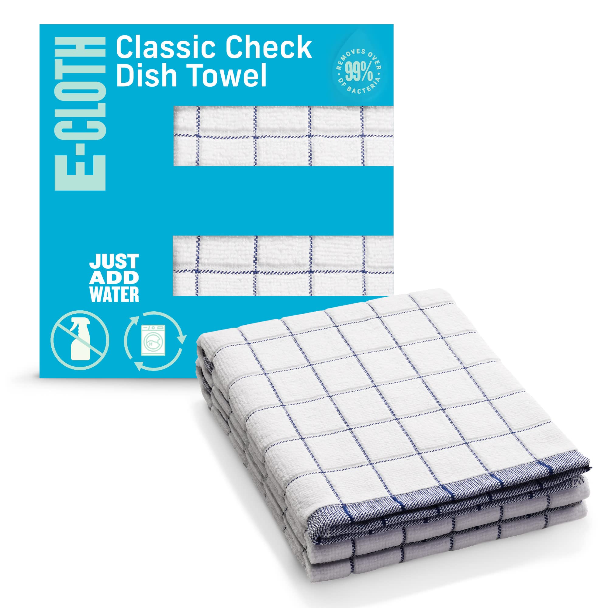 E-Cloth Classic Check Tea Microfibre Dish Towel, Streak-Free and Absorbent Dish Drying Kitchen Towels, Washable and Reusable, 100 Wash Promise, Blue, 2 Pack
