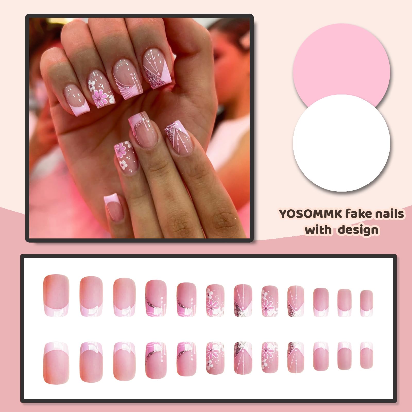 YOSOMMK French Flower Fake Nails Square Short Press on Nails with Glitter Sequins Designs Glossy False Nails Pink Stick on Acrylic Nails for Women and Girls - Image 4