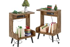 GYIIYUO Night Stands Set of 2 with Charging Station, Bedside Table with USB Ports and Outlets, Unique End Tables with Open Storage, NightStand for Bedroom, Side Table, Rustic Brown