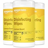 Amazon Basics Disinfecting Wipes, Lemon Scent, for Sanitizing, Cleaning &amp; Deodorizing, 255 Count (3 Packs of 85), Packaging May Vary