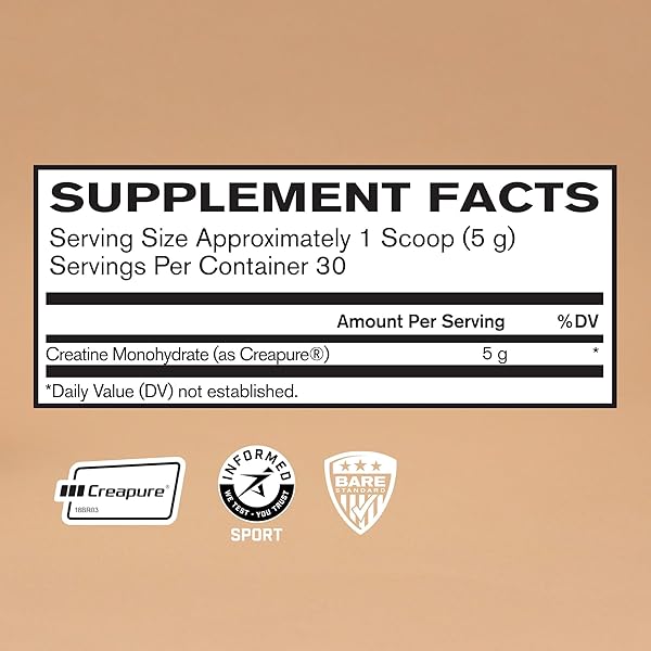 BARE PERFORMANCE NUTRITION, BPN PURE CREATINE MONOHYDRATE POWDER BY CREAPURE, 5G OF CREATINE PER SERVING, SUPPORTS MUSCLE GROWTH, UNFLAVORED CREATINE POWDER, 30 SERVINGS