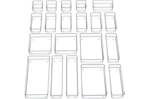 SMARTAKE 20-Piece Drawer Organizer with Non-Slip Silicone Pads, 7-Size Desk Drawer Organizer Trays Storage Tray for Makeup, Jewelries, Utensils in Bedroom Dresser, Office and Kitchen (Clear)