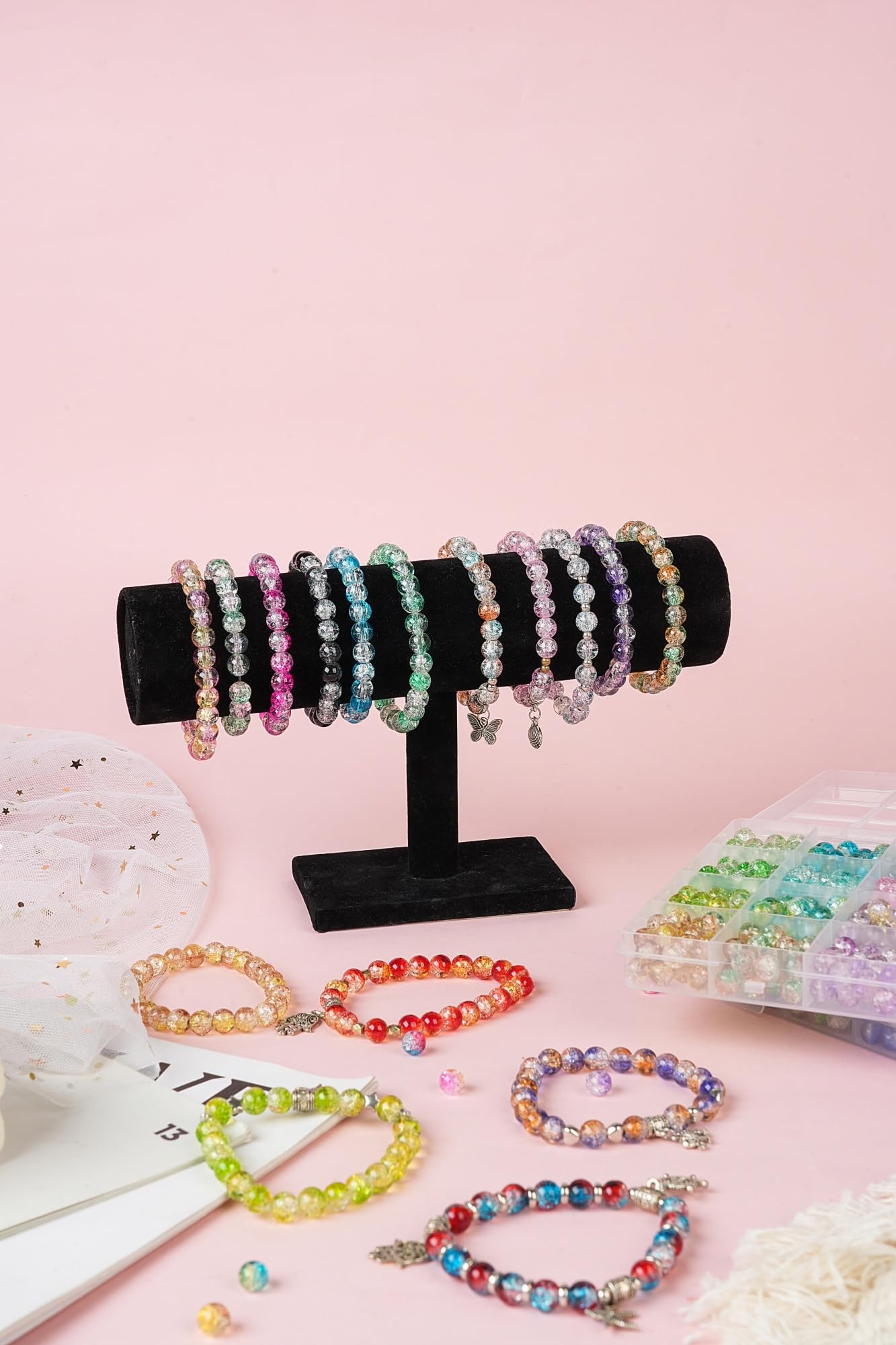 1300PCS 8mm Mixed Crackle Glass Beads for Bracelets Making with Accessories, 48 Colors Crystal Glass Beads Jewelry Making Kit, Round Beads for DIY Bracelet Crafts