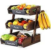 Briwooody 3 Tier Fruit Basket for Kitchen Counter Organizer with Banana Hangers Wooden Fruit Basket Kitchen Counter Storage Holder for Onion Potato Bread Vegetable Organize(11.7 x 12.5 x 15.7 Inches)