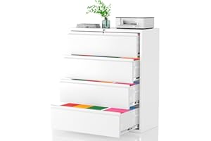 Greenvelly Lateral File Cabinet 4 Drawer, White Filing Cabinet with Lock, Lockable File Cabinet for Home Office, Locking Metal File Cabinet for Legal/Letter/A4/F4 Size with Hanging Bars&Key