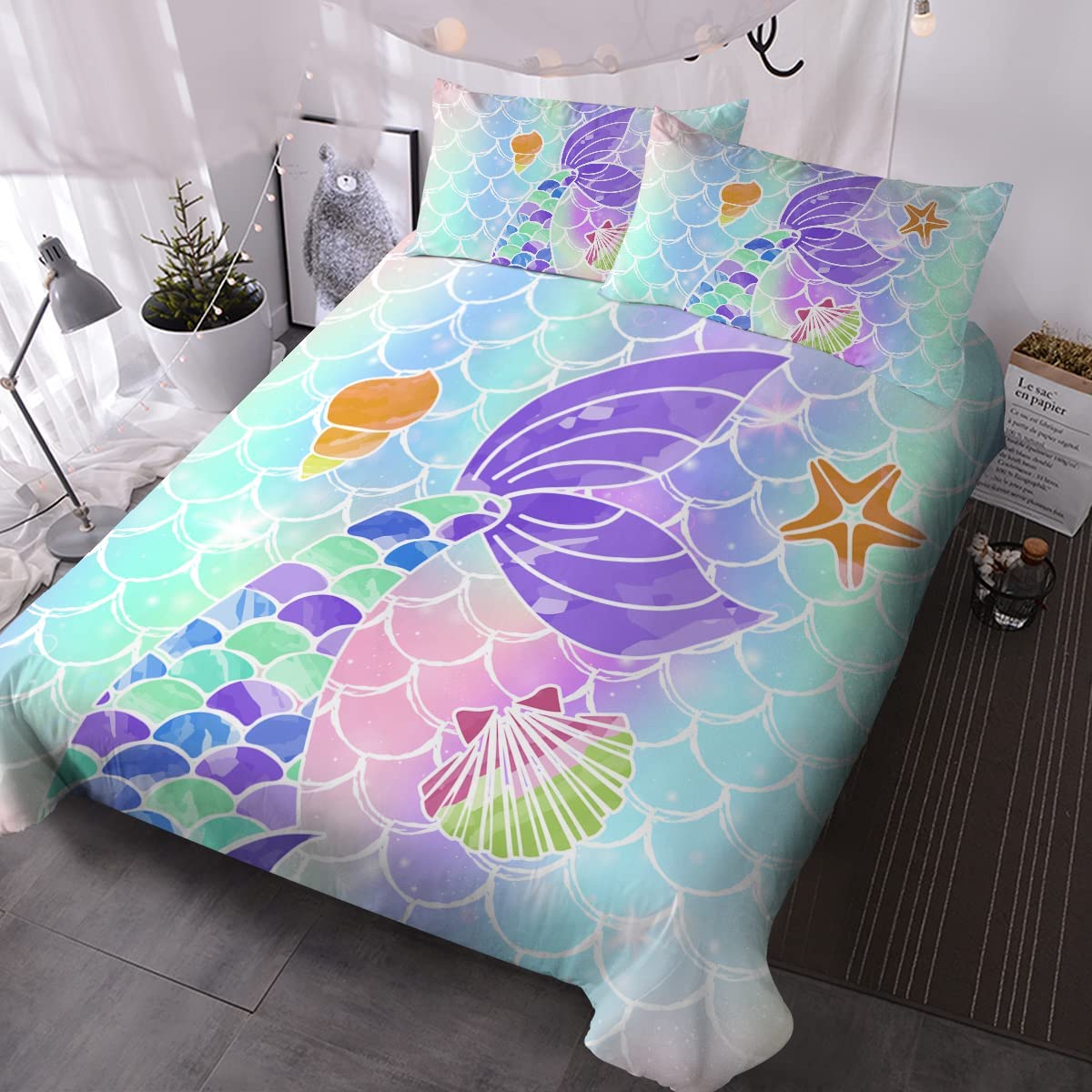 BlessLiving Mermaid Tail Bedding Set for Kids Girls, Mermaid Pattern In Aqua Blue and Purple Duvet Cover Set, Cute Mermaid Tail Girly Reversible Comforter Cover (3 Piece Double Size) — image 1