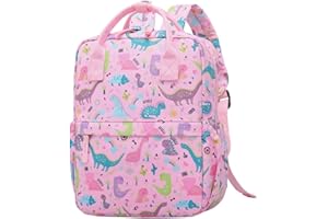 KINGCHEER Cute Preschool Backpack Toddler School Book Bag for Girls Boys Kids Kindergarten Nursery Travel Bag with Chest Strap(15inch, Pink Dinosaur)