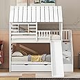 Kids Twin Over Twin Bunk Beds with Slide and Trundle, Solid Wood Bunk Bed Frame with Stairs and Storage, Playhouse Bunk Bed with Roof and Window for Kids, Teens, Girls & Boys (White)