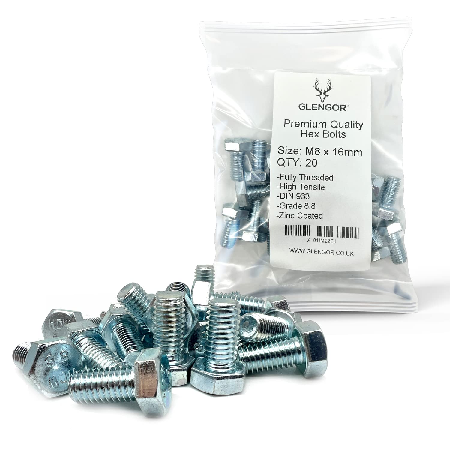 Glengor Premium M8 x 16mm Hex Bolt | Fully Threaded Setscrew Zinc 8.8 | Pack of 20