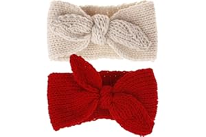 Utaly Winter Cute Kids Baby Girls Knit Rabbit Knotted Headband Headwrap Earwarmer (Red + Beige, Stretchy)