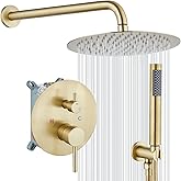 gotonovo Shower System 10 Inch Round Rainfall Showerhead Wall Mounted High Pressure Shower Faucet Set Fixture Combo with Rough in Valve and Cylindrical Handheld Spray, Brushed Gold