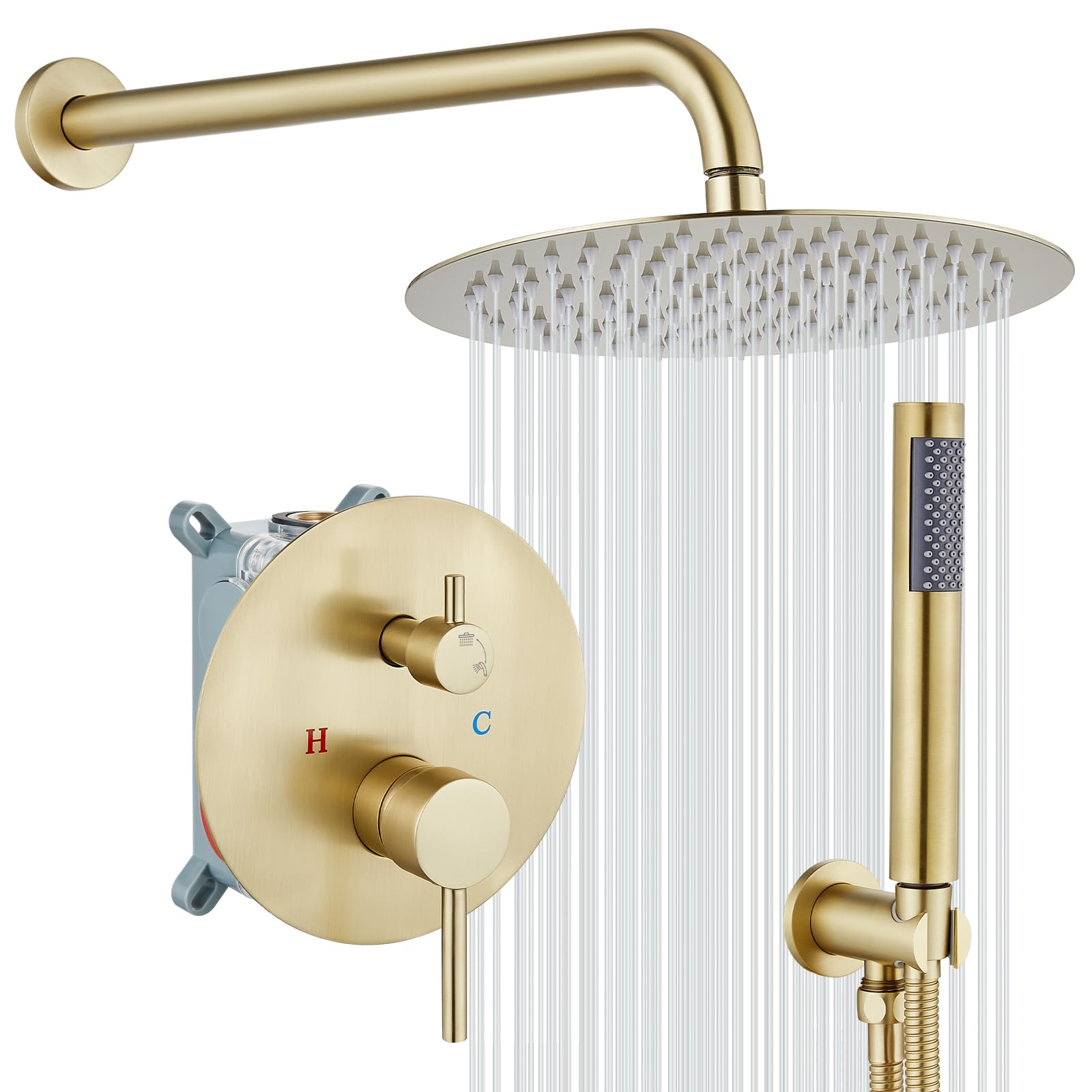 Photo 1 of gotonovo Shower System 10 Inch Round Rainfall Showerhead Wall Mounted High Pressure Shower Faucet Set Fixture Combo with Rough in Valve and Cylindrical Handheld Spray, Brushed Gold