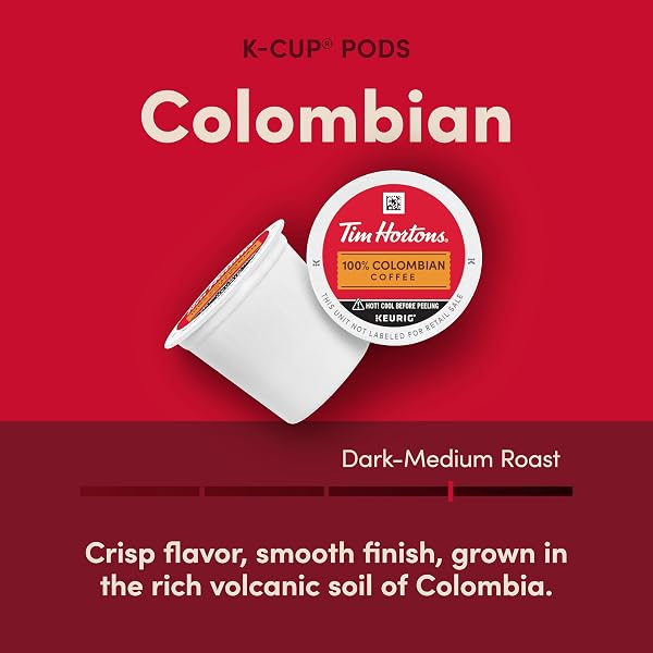 TIM HORTONS 100% COLOMBIAN, MEDIUM DARK ROAST COFFEE, SINGLE-SERVE K-CUP PODS COMPATIBLE WITH KEURIG BREWERS, 12CT K-CUPS, RED