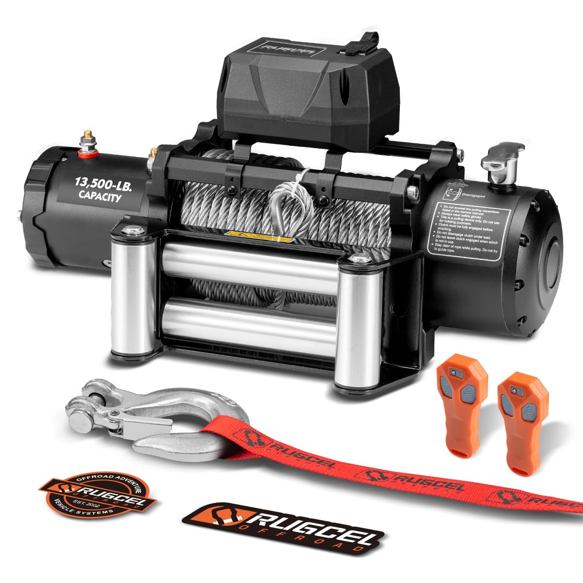 Photo 1 of RUGCEL WINCH 13500lb Waterproof Electric Truck Winch 12V Steel Rope Winch with Roller Fairlead, Wired Handle and 2 Infrared Remote,for UTV ATV & Truck and Wrangler in Car Lift