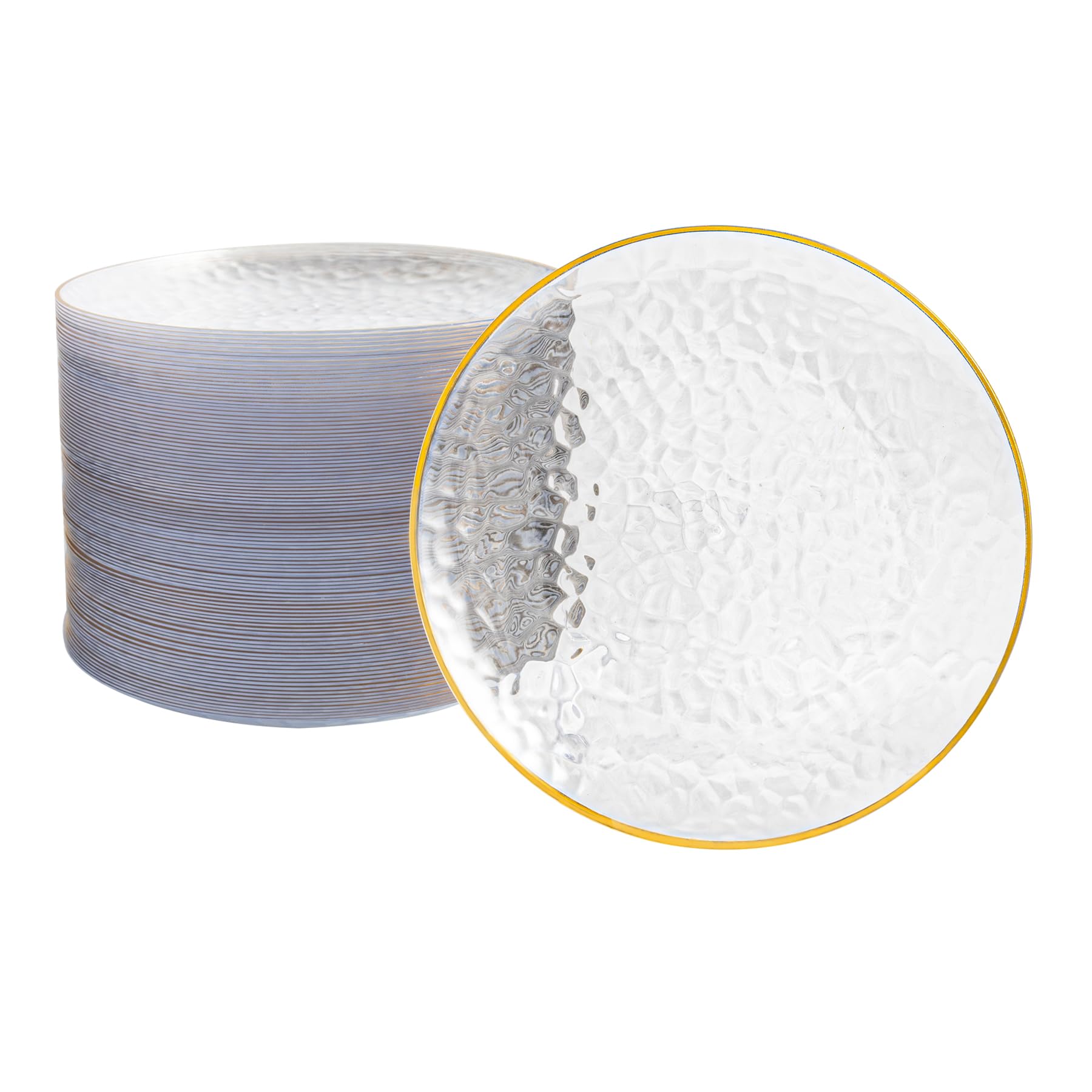Photo 1 of LCCFHTI 100Pcs Clear Gold Plastic Plates 7 Inch, Hammered Disposable Heavy Duty Dessert Plates with Gold Rim, Round Salad Plates for Wedding Party