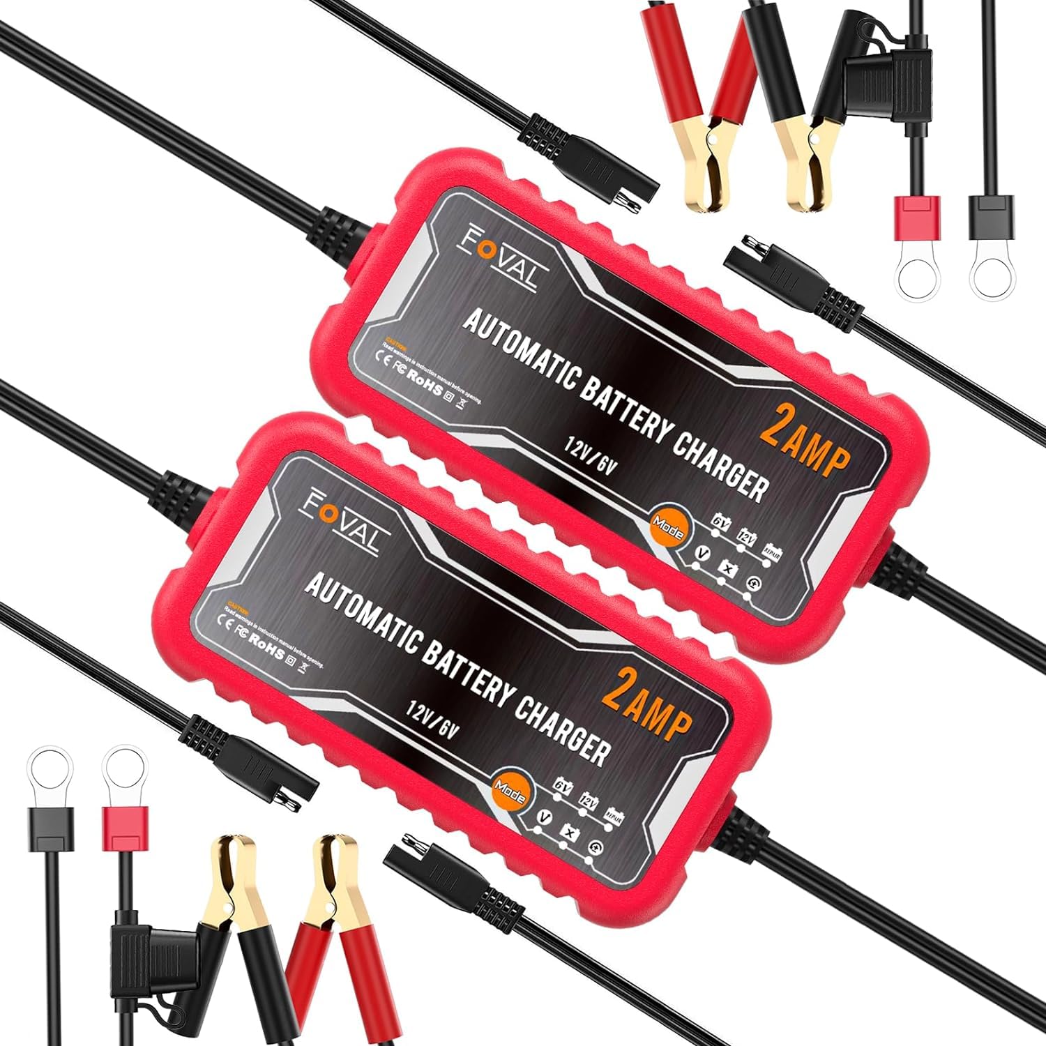 Photo 1 of [2-Pack] FOVAL 2-Amp Car Battery Charger, 6V and 12V Portable Automatic Smart Charger, Battery Maintainer, Trickle Charger and Battery Desulfator for Car Lawn Mower Motorcycle Boat Lead Acid Batteries