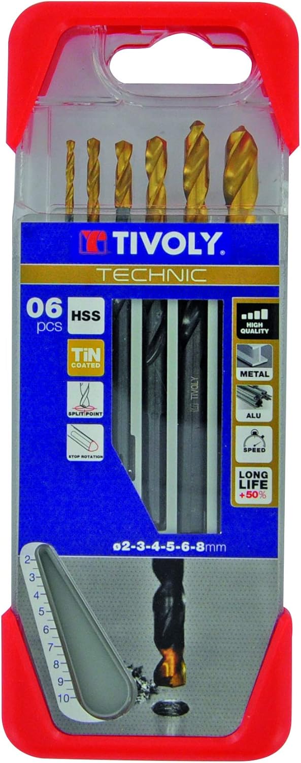 Tivoly A21 - Pack of 6 Drill Bits for Metal DIN 338 HSS + TiN (Diameter of 2, 3, 4, 5, 6, 8 mm