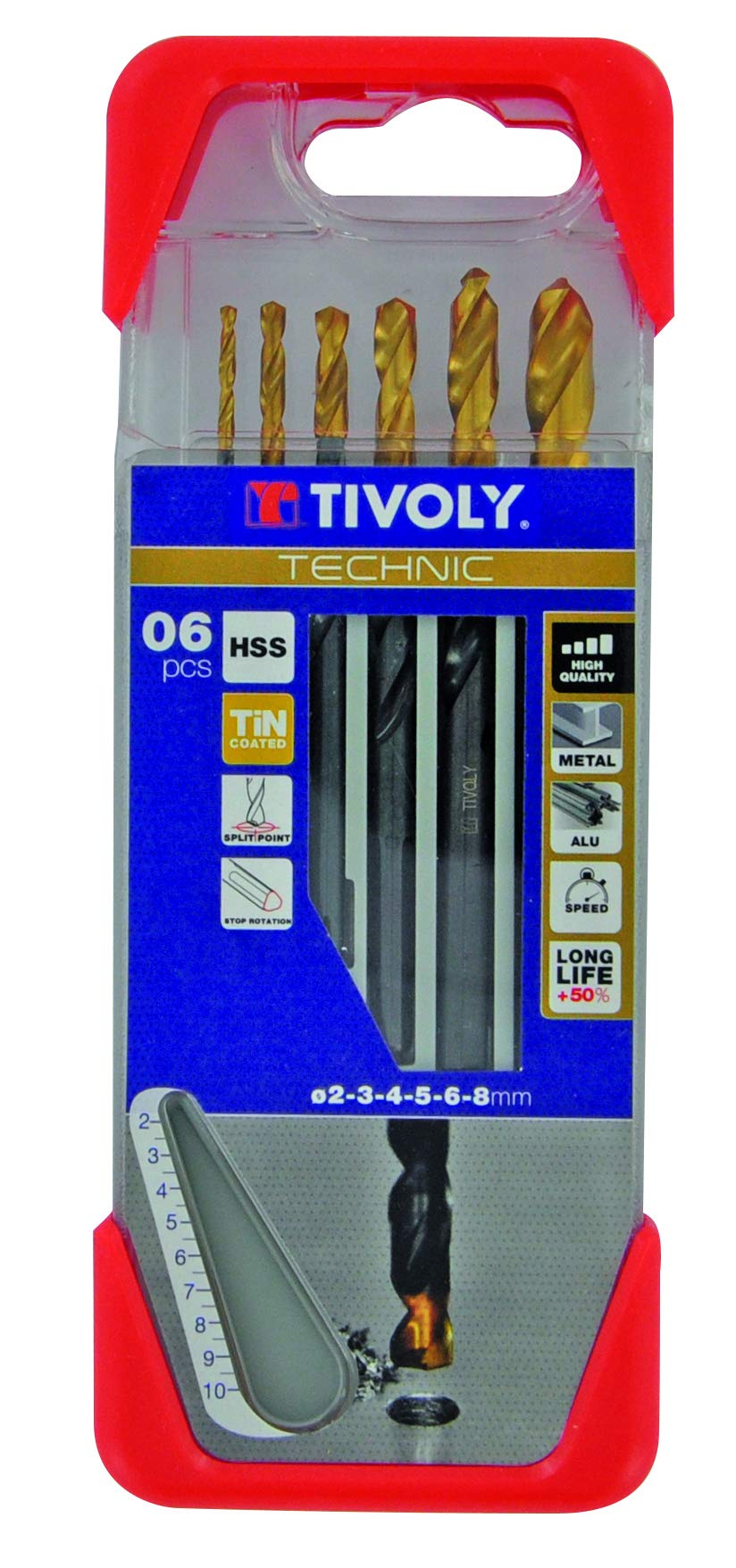 Tivoly A21 – Pack of 6 Drill Bits for Metal DIN 338 HSS + TiN (Diameter of 2, 3, 4, 5, 6, 8 mm